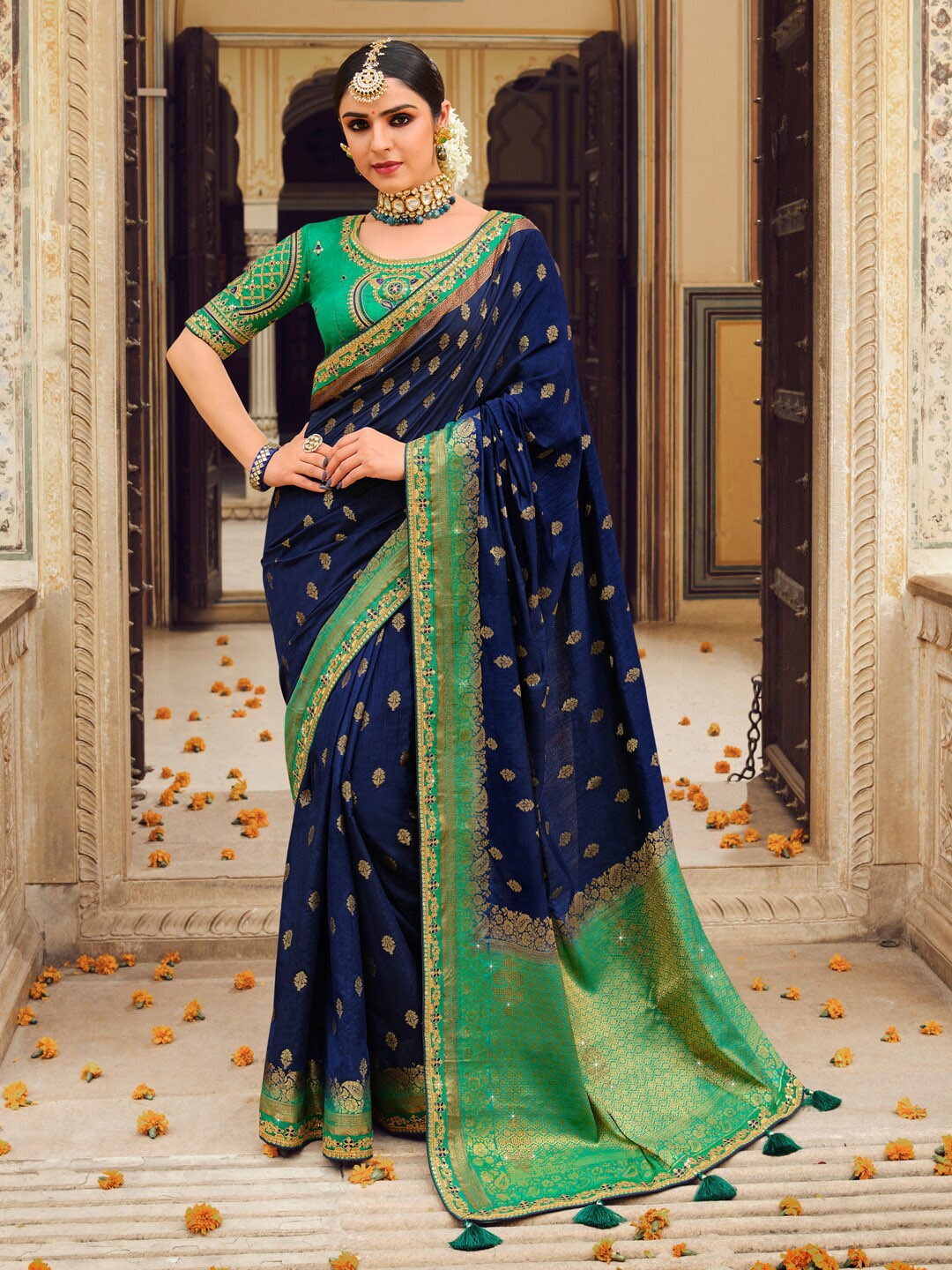 

Saree mall Ethnic Motifs Zari Banarasi Sarees, Navy blue