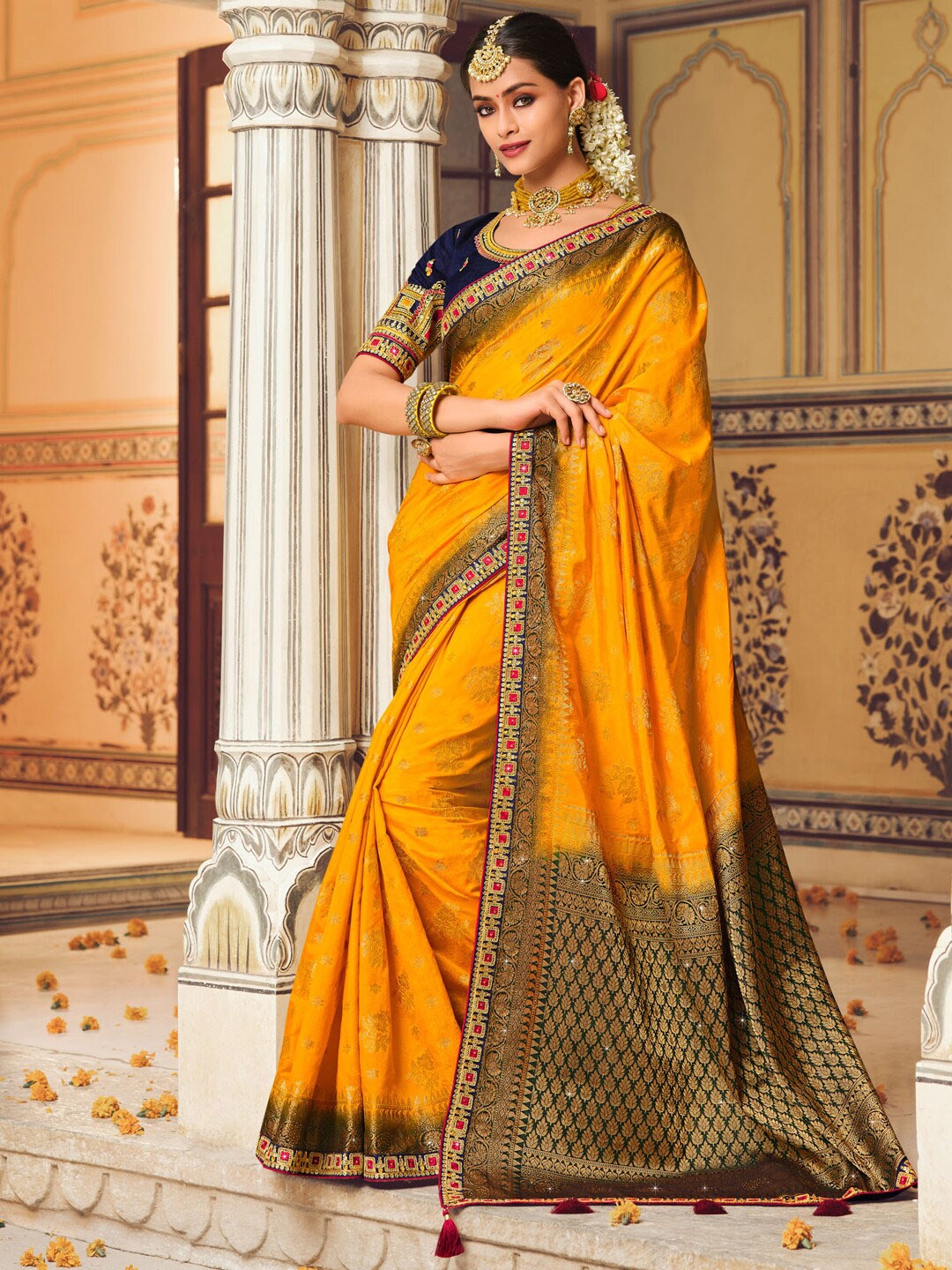 

Saree mall Yellow Ethnic Motifs Woven Design Zari Detailed Banarasi Saree