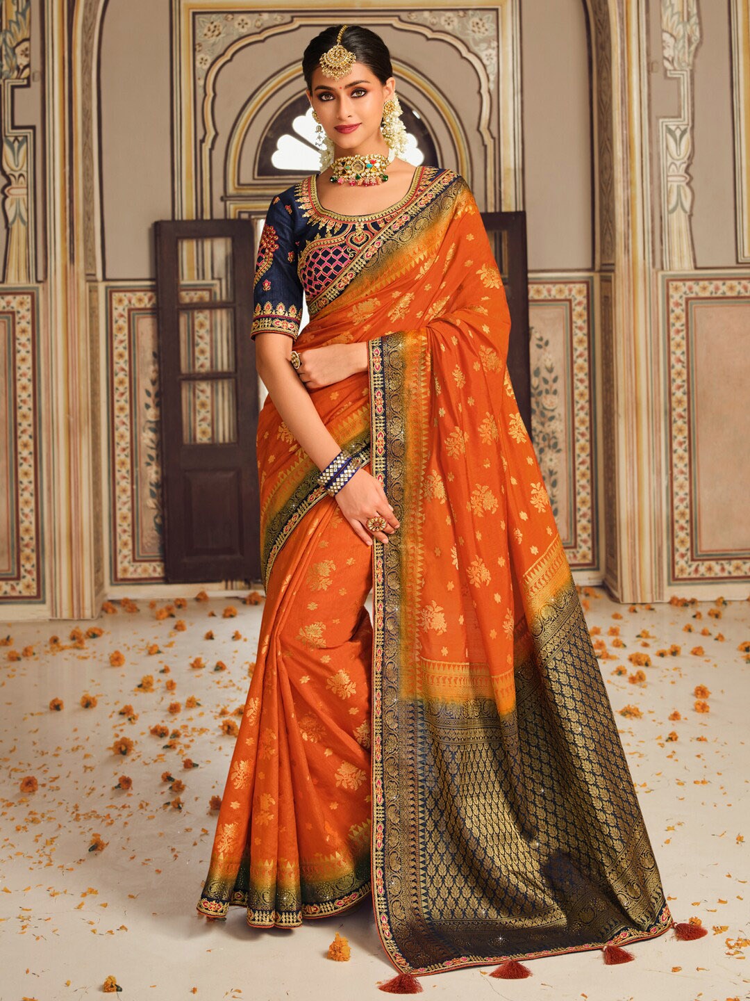 

Saree mall Orange Ethnic Motifs Woven Design Zari Banarasi Saree