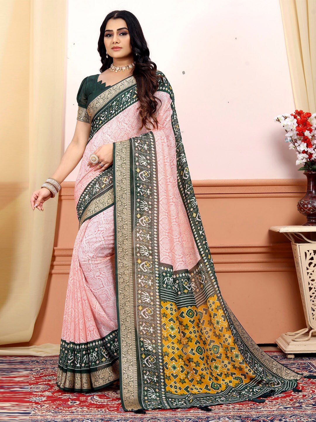 

Saree mall Ethnic Motifs Pure Georgette Patola Sarees, Rose gold