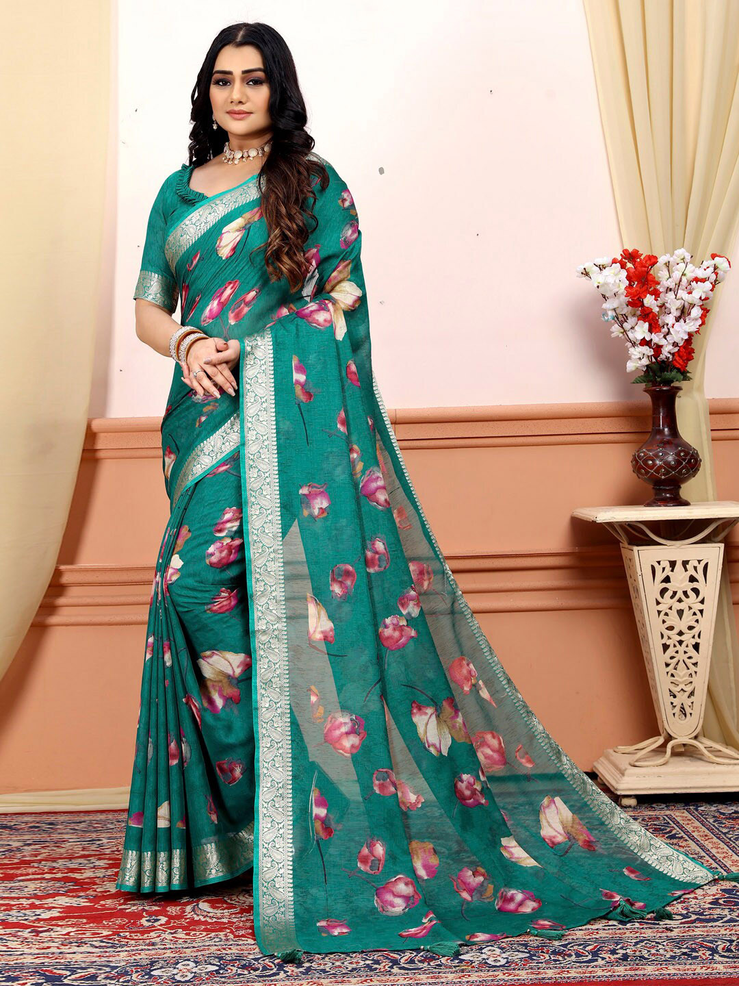 

Saree mall Teal Floral Printed Pure Georgette Sungudi Sarees