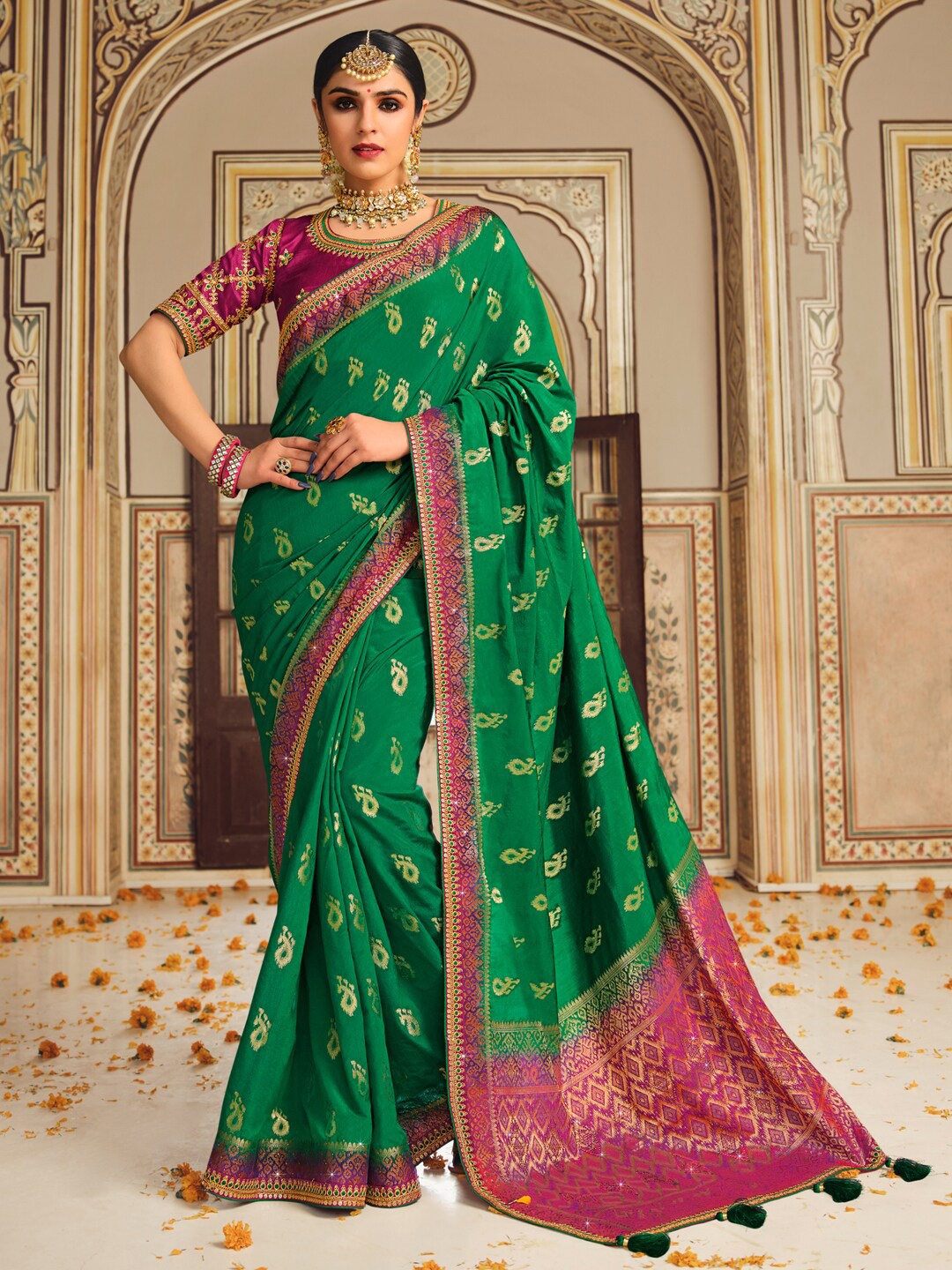 

Saree mall Green Ethnic Motifs Woven Design Zari Detailed Banarasi Saree