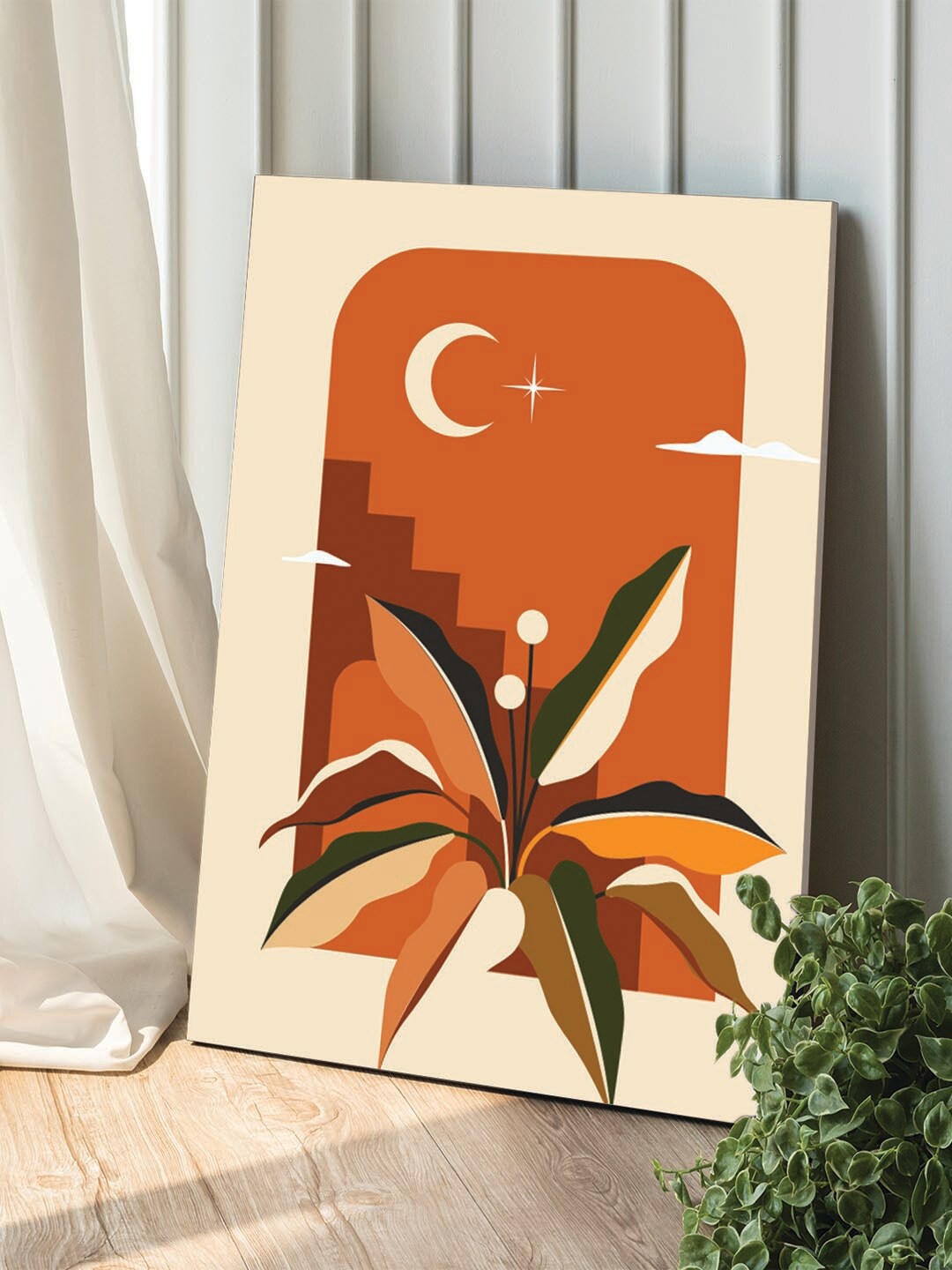 

Art Street Cream-Coloured & Brown Boho Tropical Moon Canvas Painting Wall Art