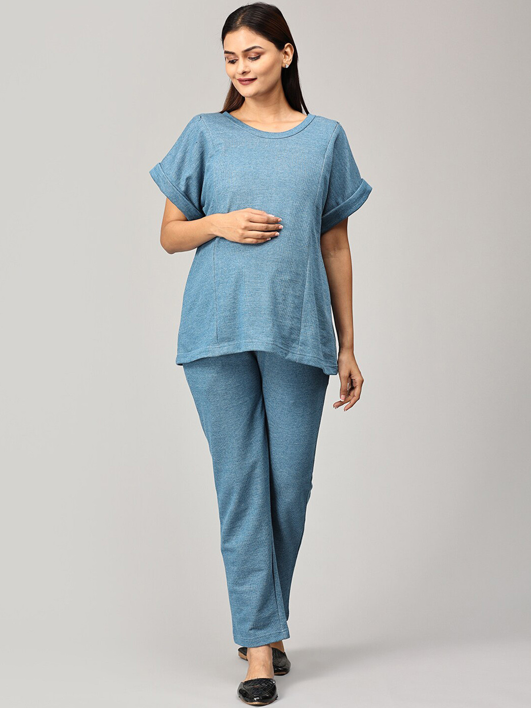 

The Mom Store Maternity Round Neck Pure Cotton Co-Ords, Blue