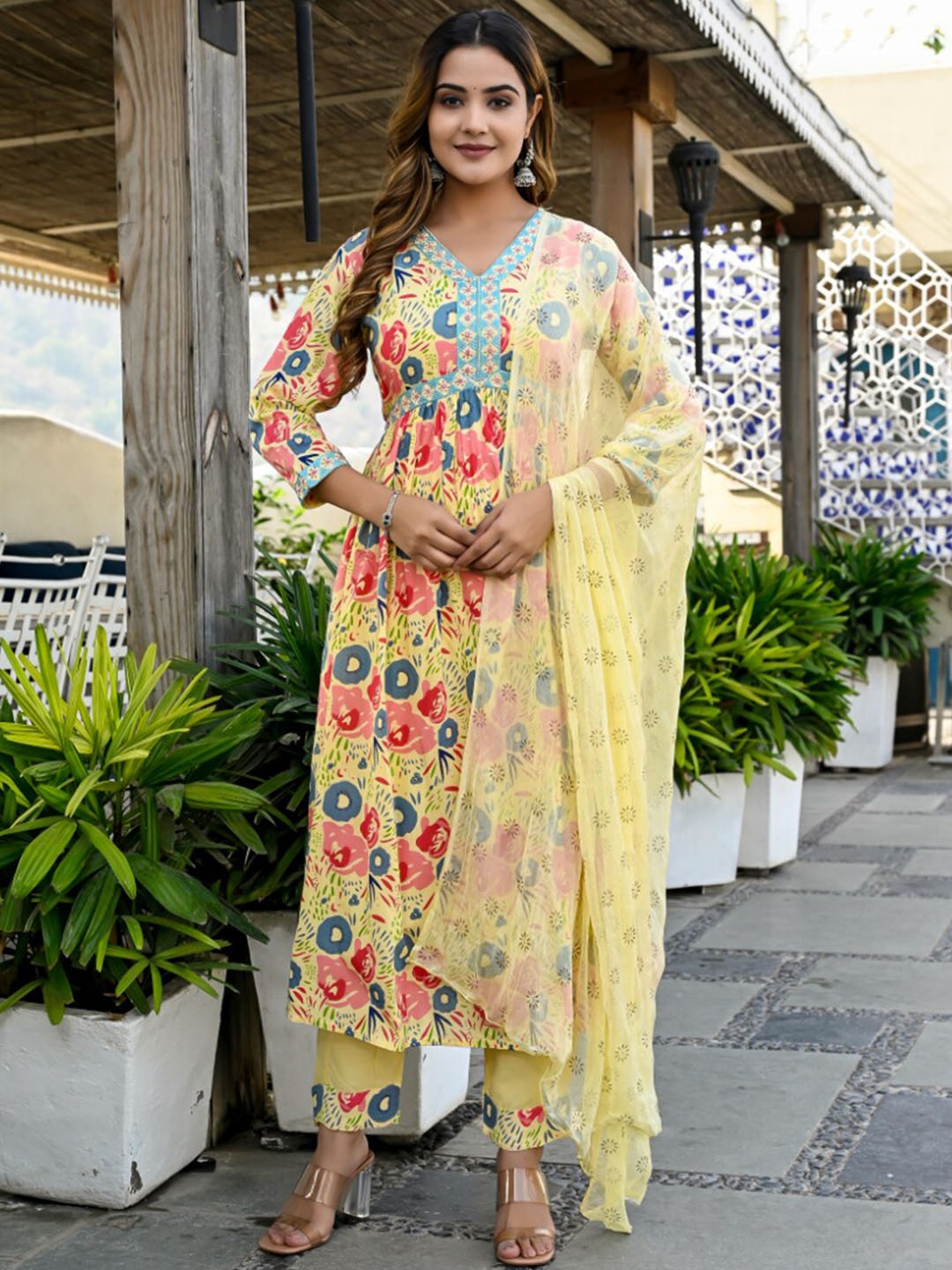 

KALINI Ethnic Motifs Printed Sequinned Empire Kurta With Trousers & Dupatta, Yellow