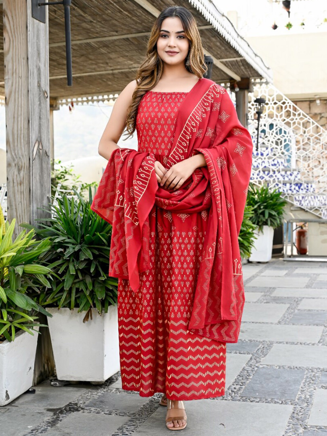 

KALINI Ethnic Motifs Printed Shoulder Straps Regular Kurta With Trousers & Dupatta, Maroon