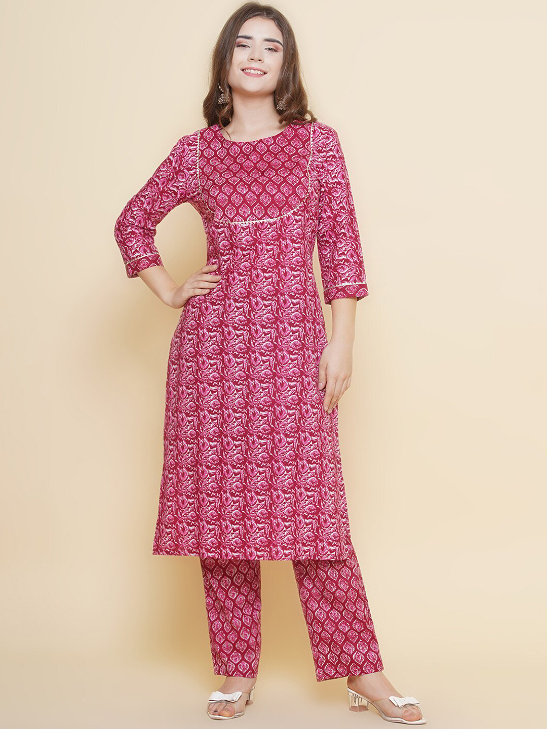

NAMA'S Ethnic Motifs Printed Pure Cotton Kurta with Palazzos, Maroon