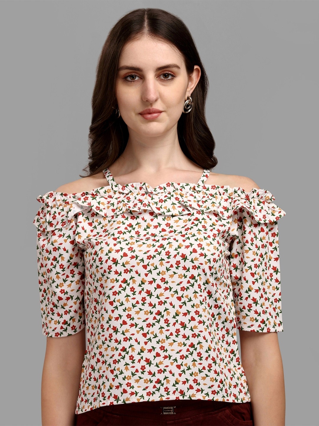 

KALINI Floral Printed Cold Shoulder Sleeves Ruffled Top, Cream