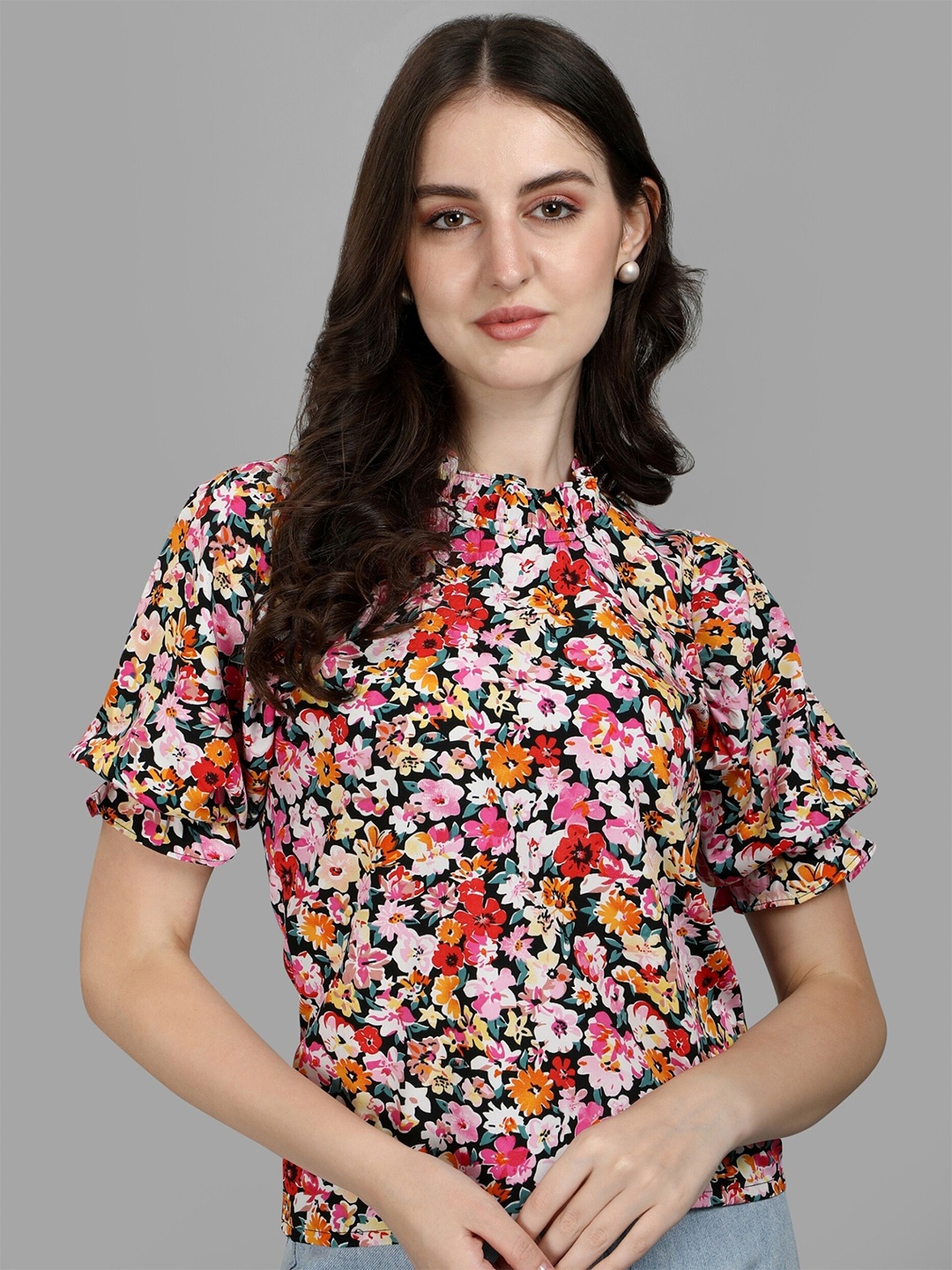 

KALINI Floral Printed Puff Sleeves High Neck Ruffled Top, Red