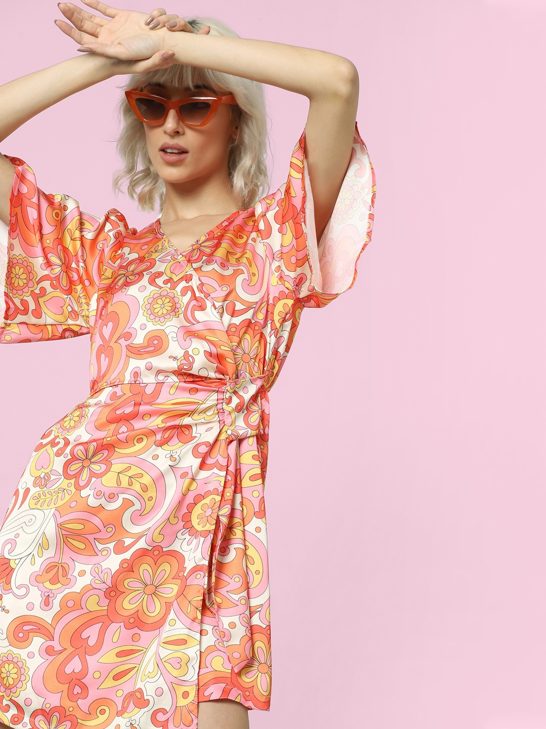 

ONLY Floral Printed V-Neck Flared Sleeves Wrap Dress, Orange