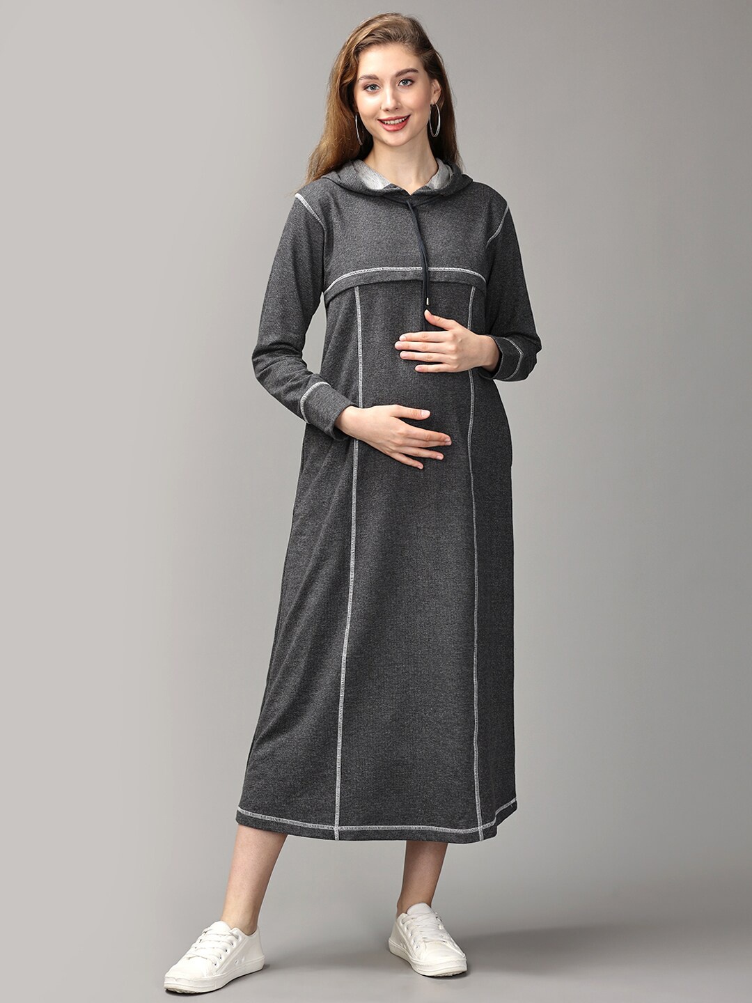 

The Mom Store Maternity Hooded Cotton A-Line Midi Dress, Grey