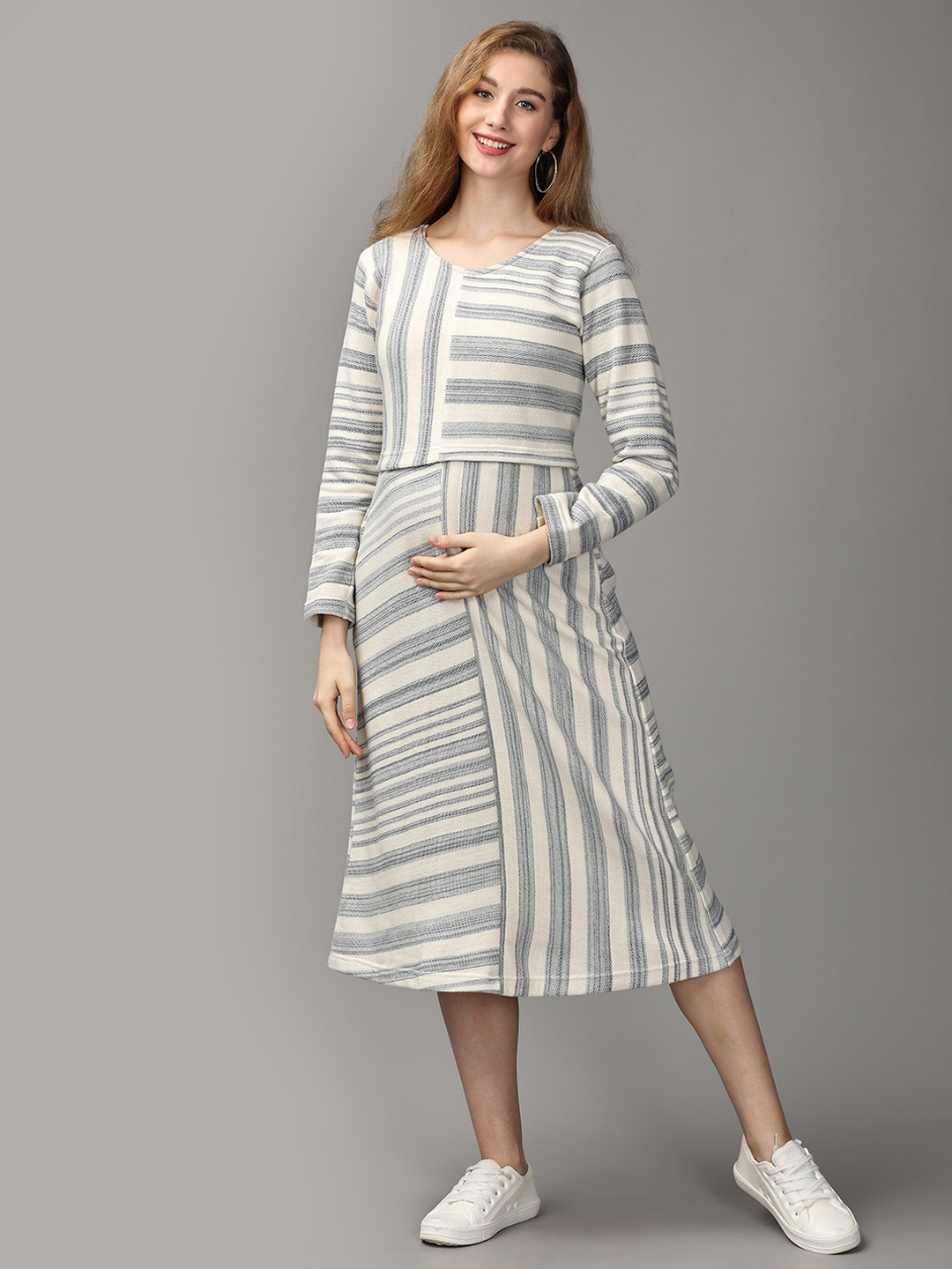 

The Mom Store Striped Maternity Cotton Sheath Midi Dress, Beige