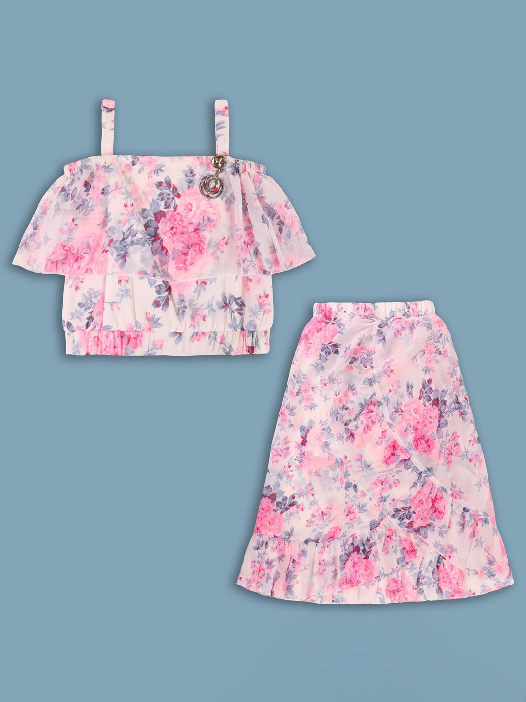 

Wish Karo Girls Floral Printed Shoulder Strap Top With Skirt, White