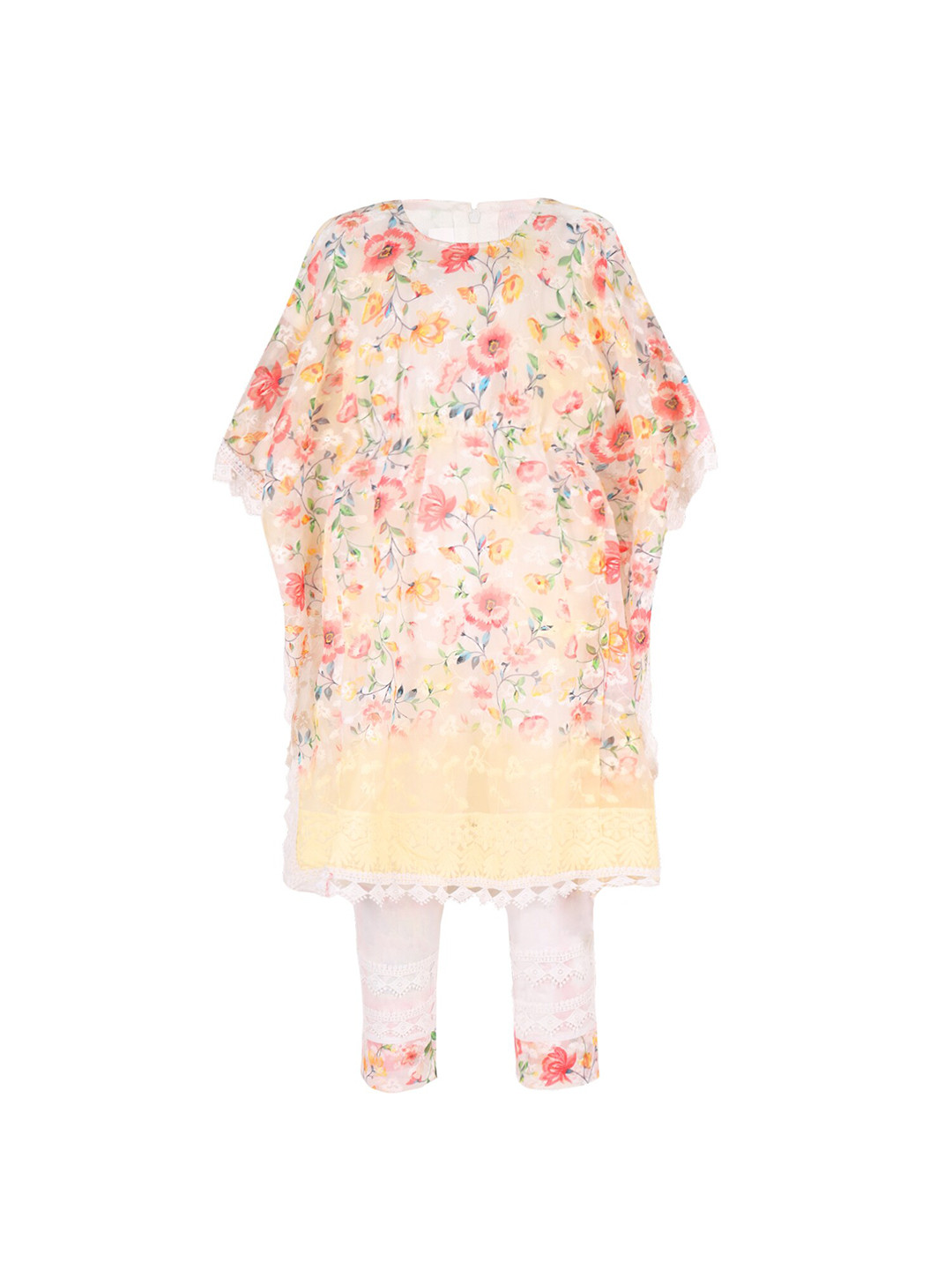 

Wish Karo Girls Floral Printed Pure Silk Kaftan Kurta & Leggings, Peach