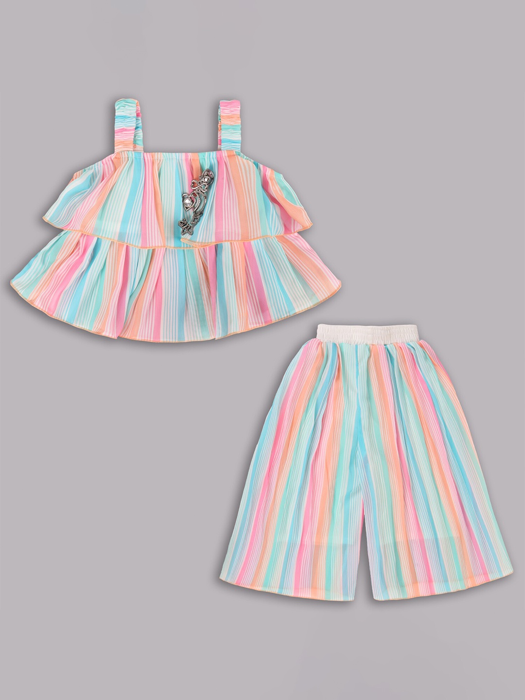 Wish Karo Girls Striped Top With Palazzo, Orange