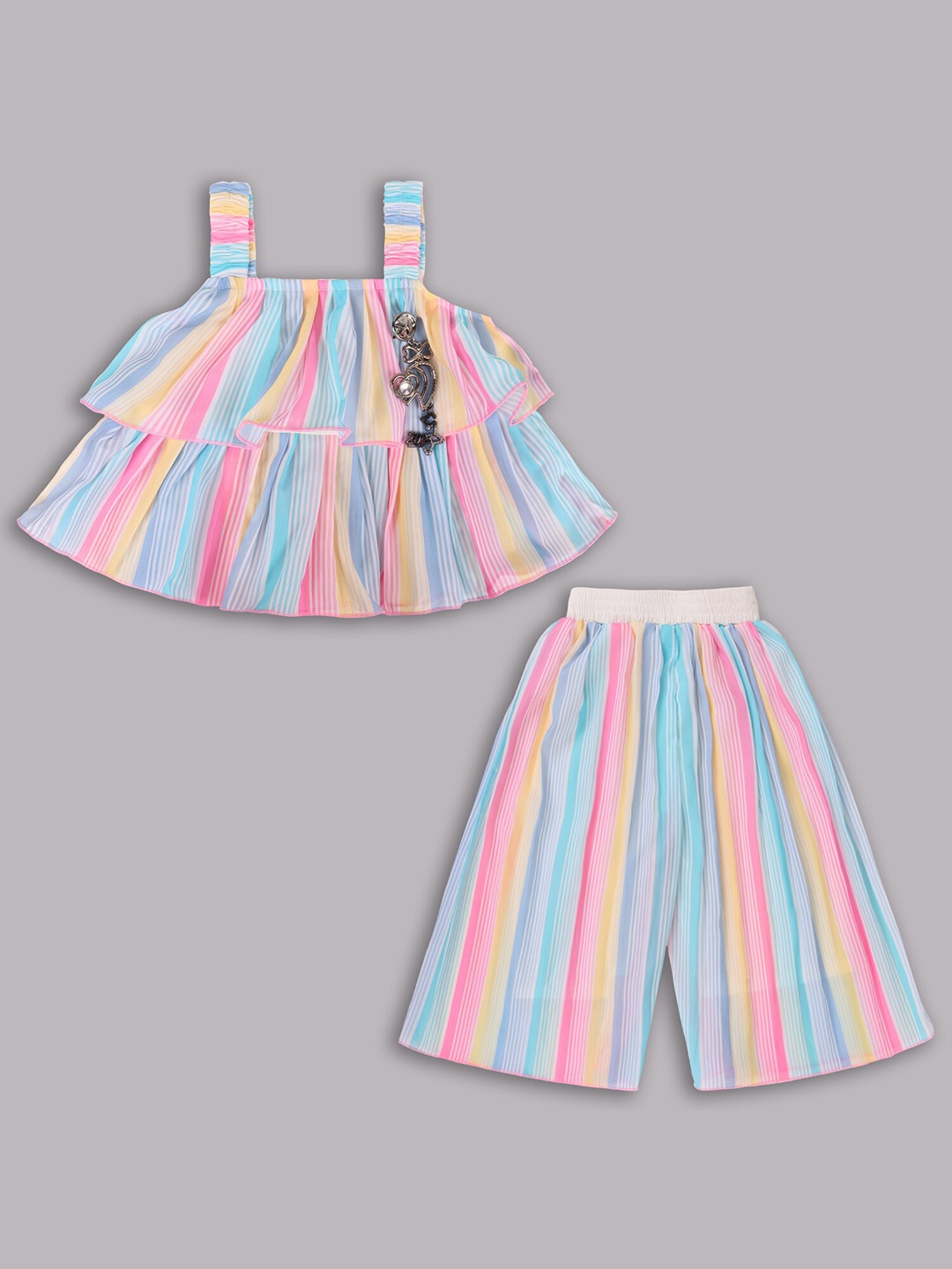Wish Karo Girls Striped Shoulder Straps Top With Palazzos, Pink