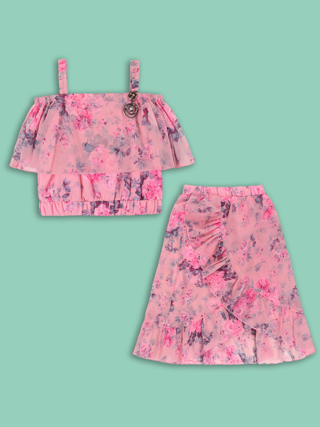 Wish Karo Girls Floral Printed Shoulder Strap Top With Skirt, Pink