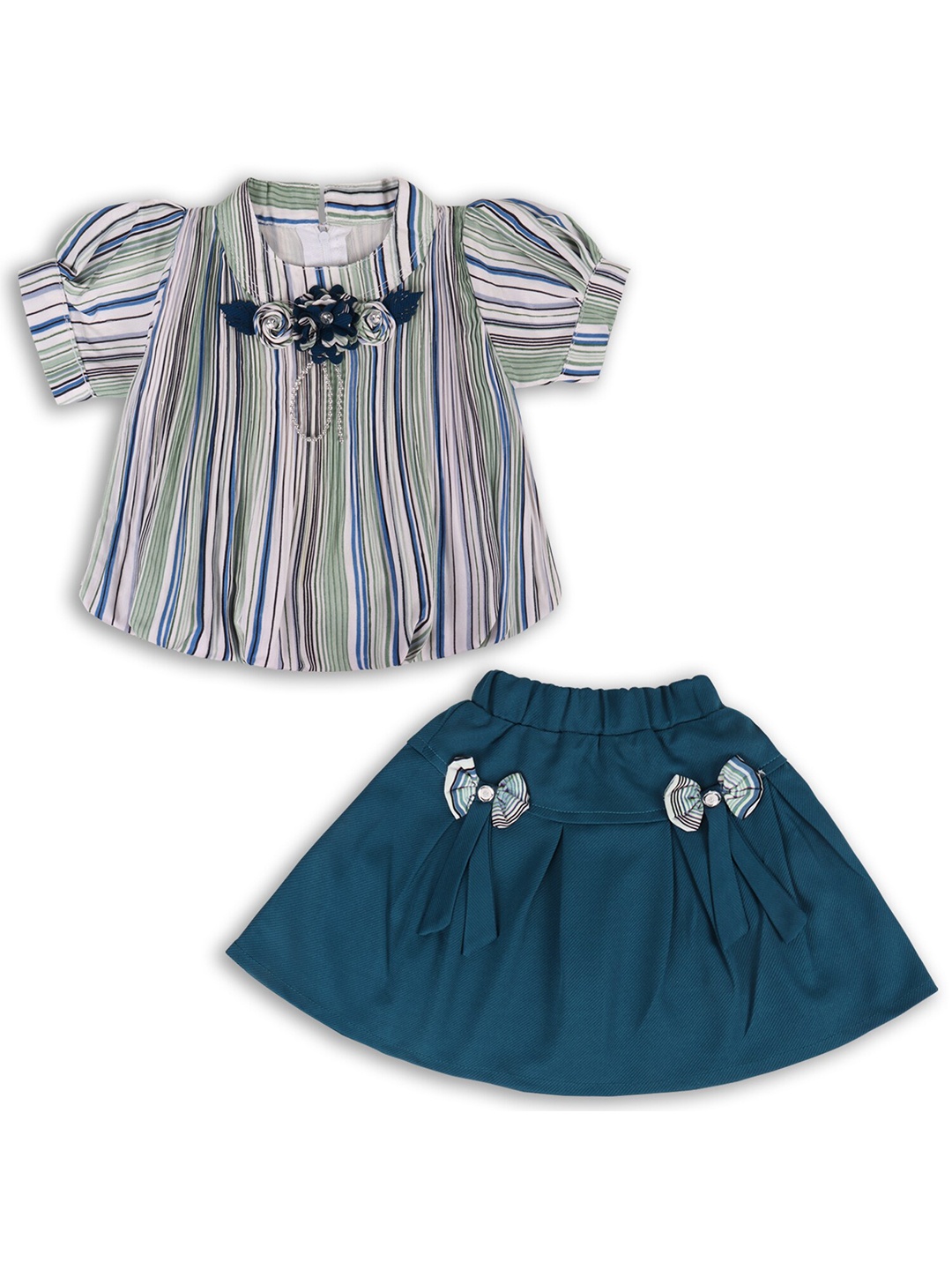 

Wish Karo Girls Striped Puff Sleeves Satin Top With Skirt, Green
