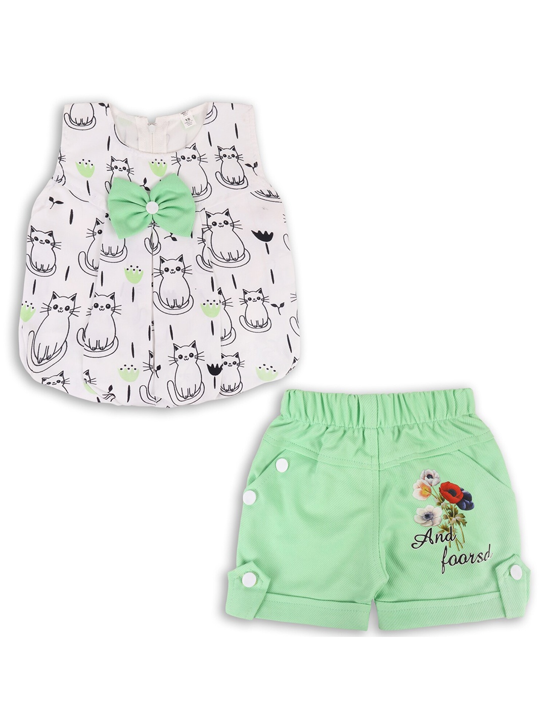

Wish Karo Girls Printed Pure Silk Top With Shorts, Green