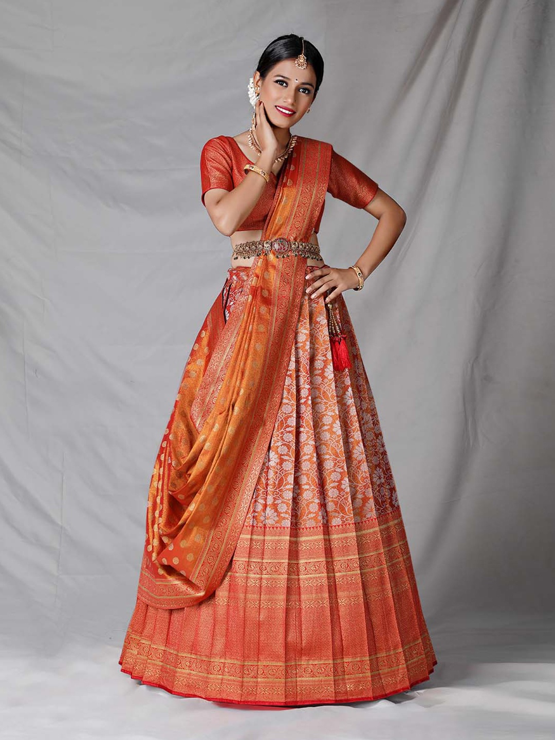 

HALFSAREE STUDIO Woven Design Semi-Stitched Lehenga & Unstitched Blouse With Dupatta, Red