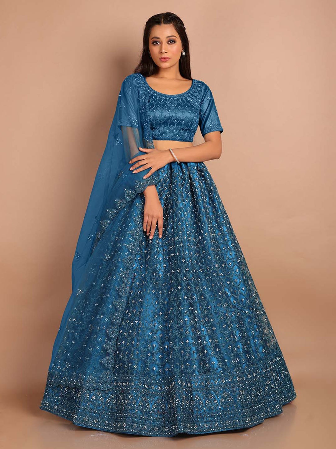 

HALFSAREE STUDIO Embroidered Semi-Stitched Lehenga & Unstitched Blouse With Dupatta, Teal