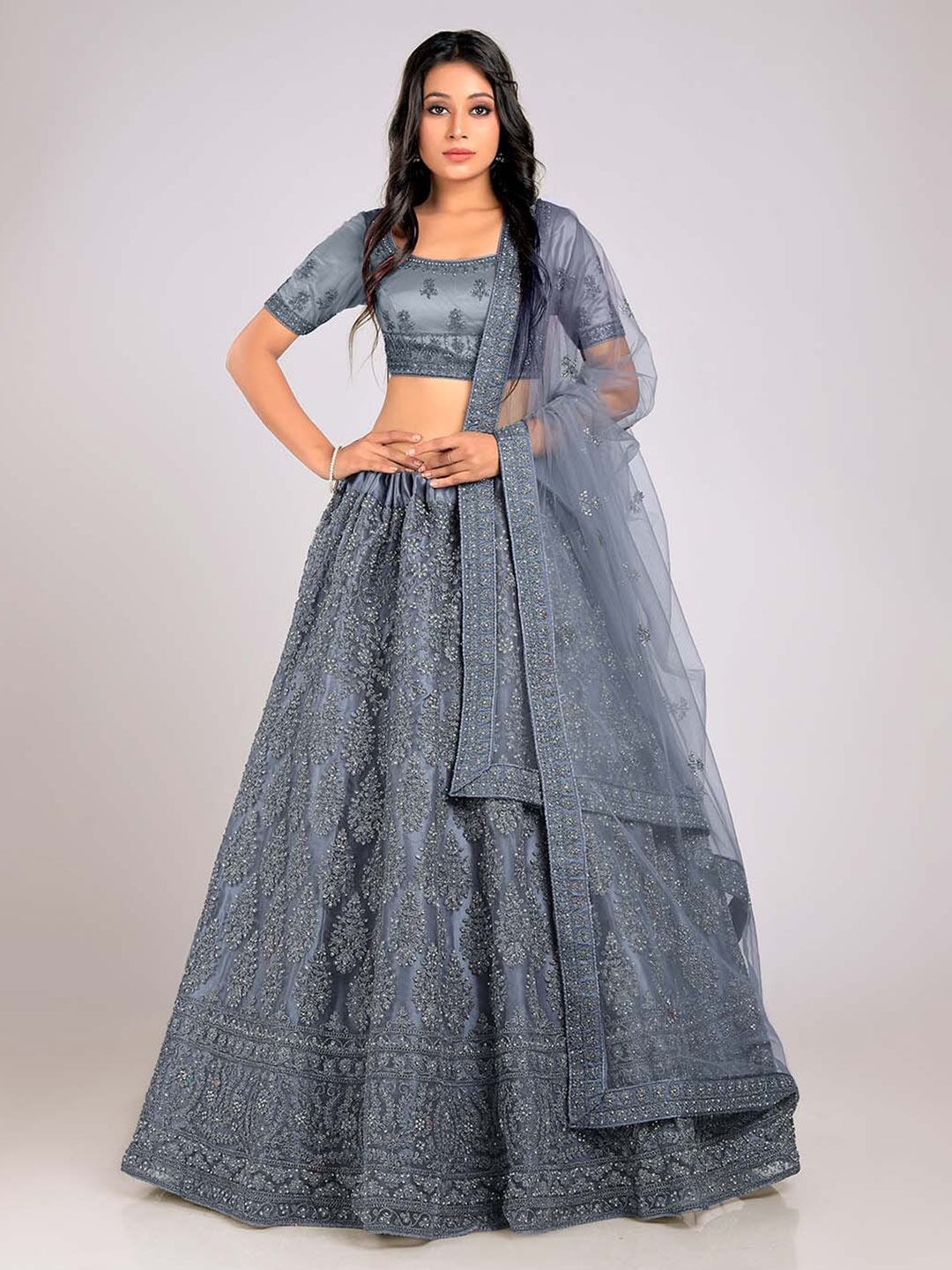 

HALFSAREE STUDIO Embroidered Semi-Stitched Lehenga & Unstitched Blouse With Dupatta, Grey