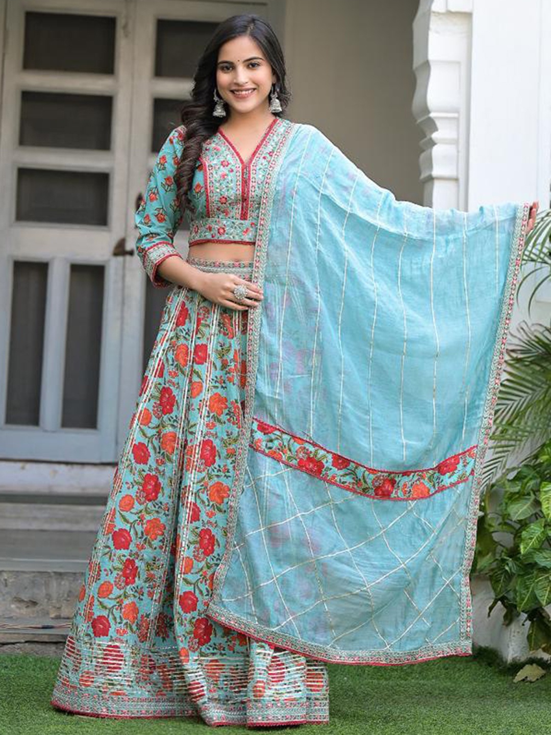 Varanga Floral Printed Ready to Wear Lehenga & Blouse With Dupatta, Blue
