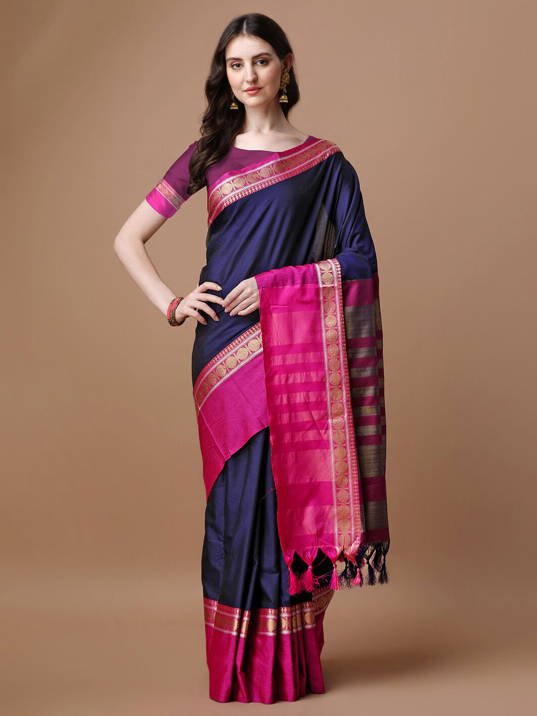 

Mitera Ethnic Motifs Woven Design Silk Cotton Saree, Navy blue