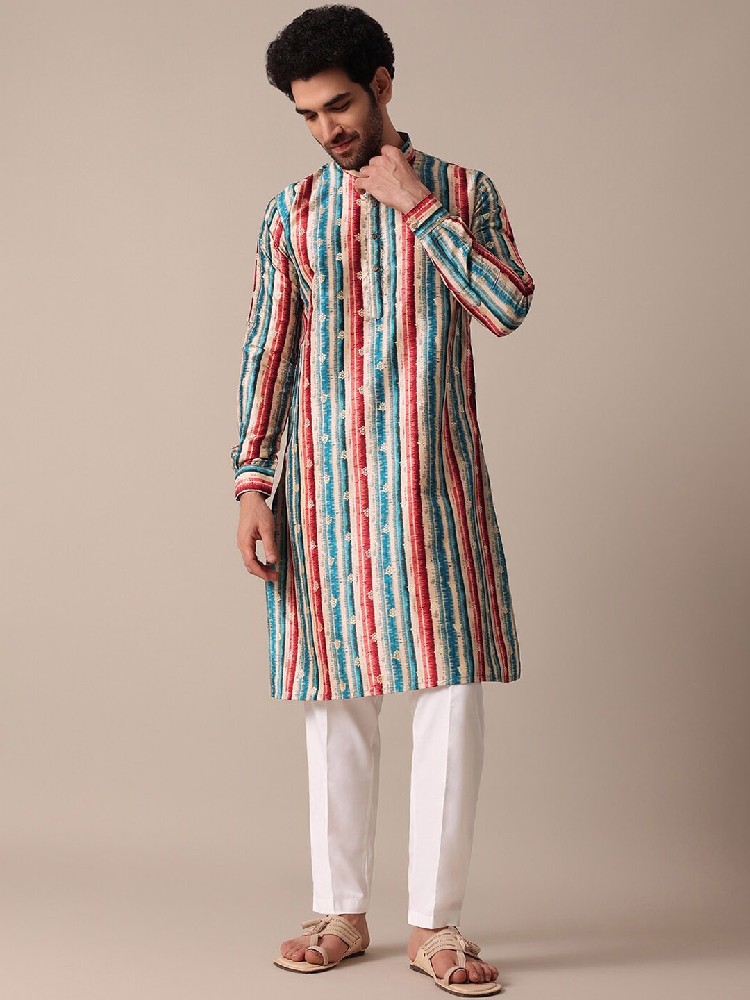 

KALKI Fashion Striped Mandarin Collar Straight Kurta With Trousers, White