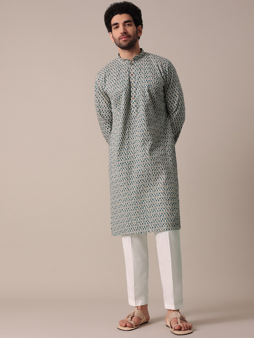 

KALKI Fashion Ethnic Motifs Printed Mandarin Collar Straight Kurta With Pyjamas, Blue