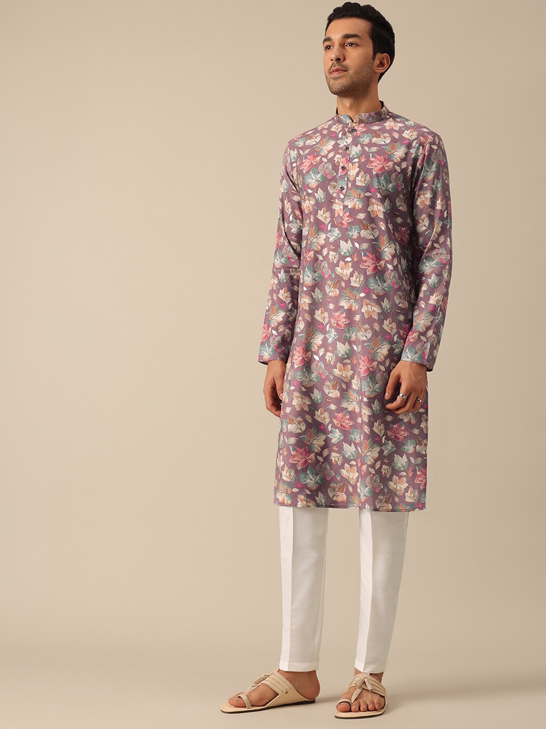 

KALKI Fashion Floral Printed Mandarin Collar Straight Kurta With Pyjamas, Purple