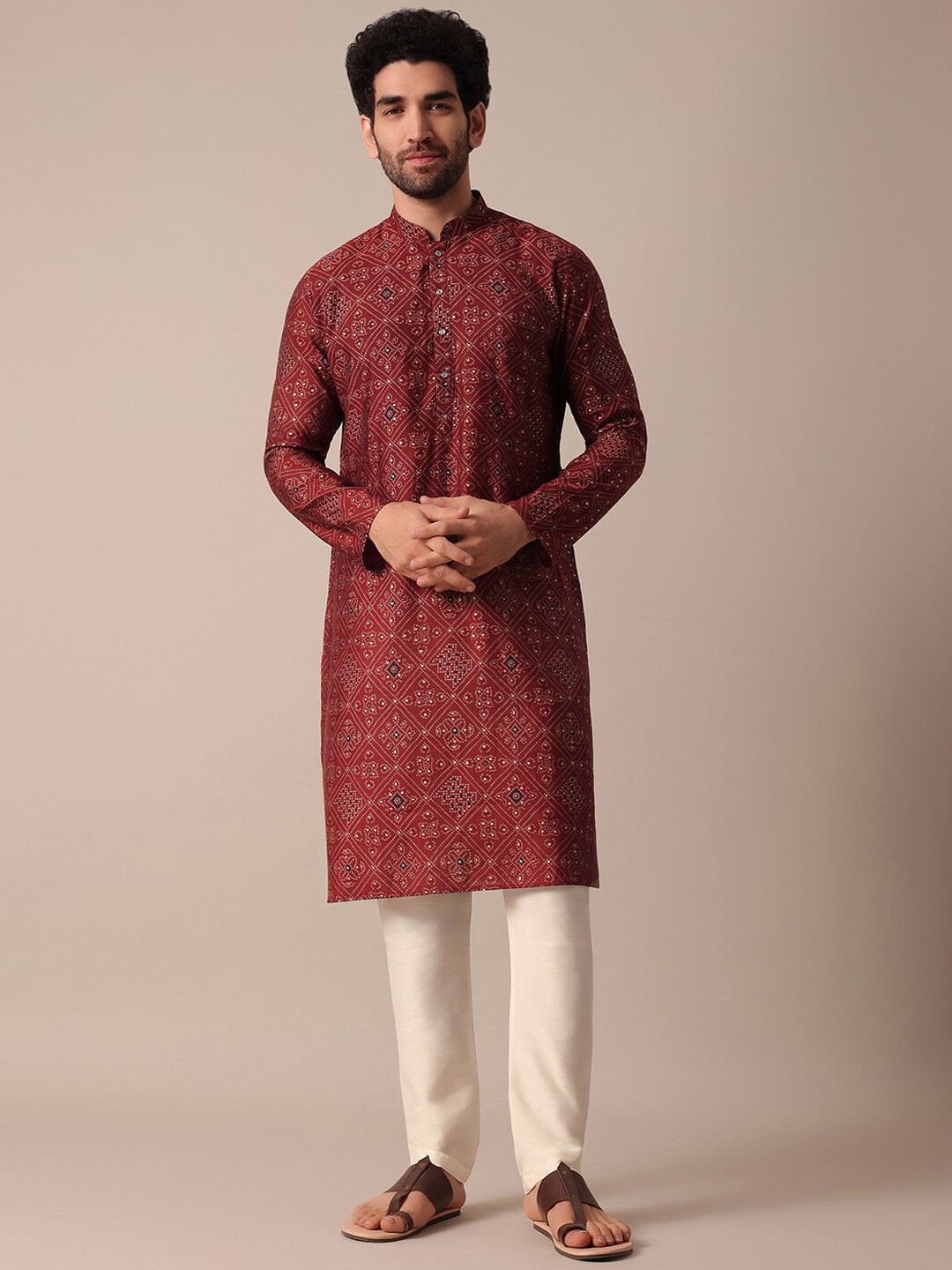 

KALKI Fashion Bandhani Printed Mandarin Collar Kurta with Trousers, Red