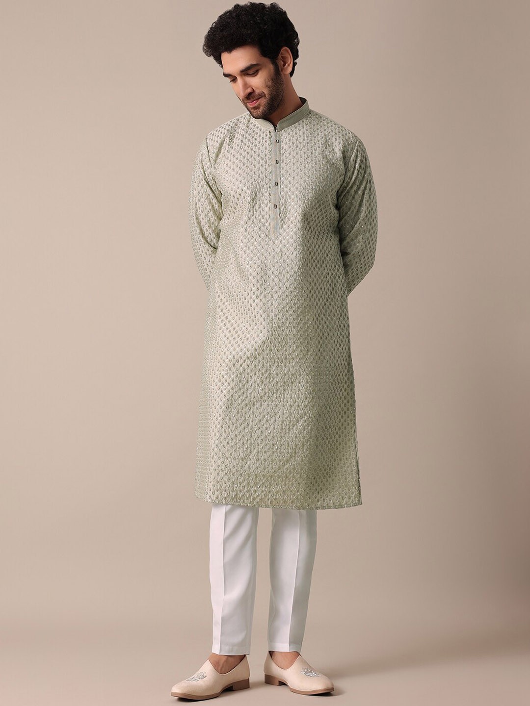 

KALKI Fashion Ethnic Motifs Embroidered Sequined Kurta With Pyjamas, Beige