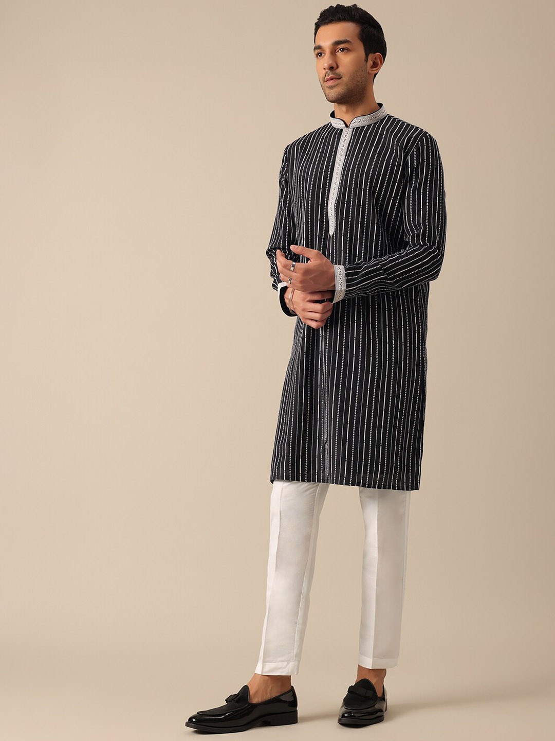 

KALKI Fashion Striped Straight Kurta With Pyjamas, Black
