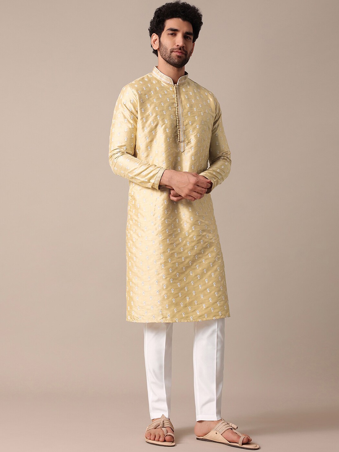 

KALKI Fashion Floral Embroidered Mandarin Collar Thread Work Kurta With Pyjamas, Gold
