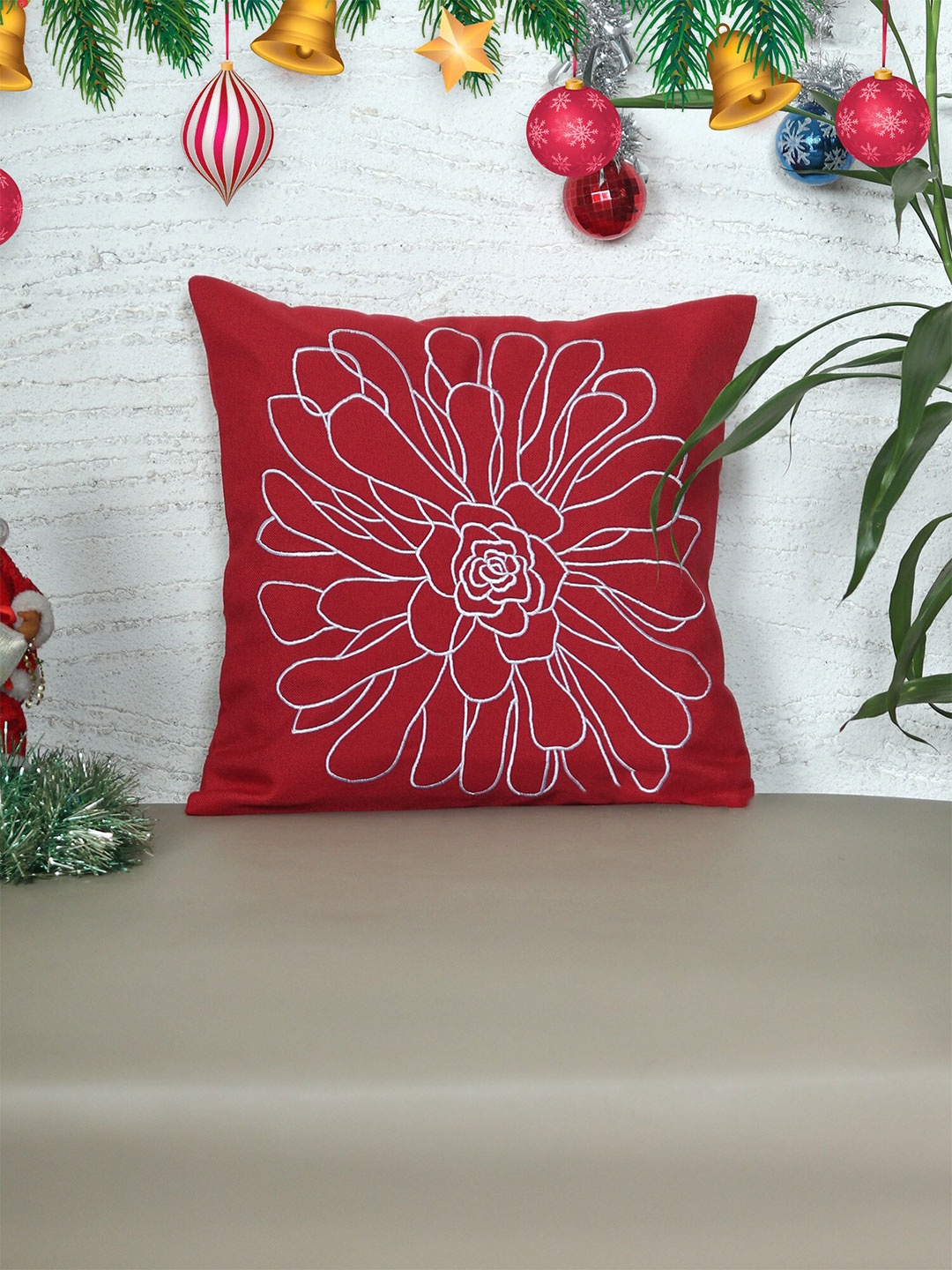 

ZEBA Red & White Embroidered Square Cushion Covers