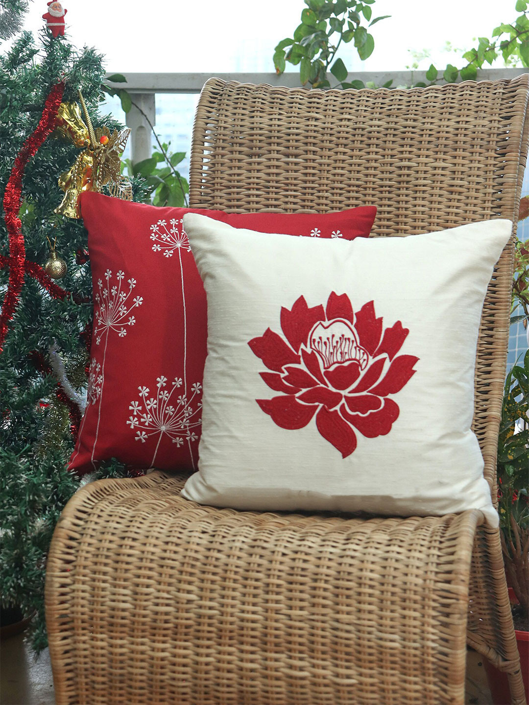 

ZEBA Red & White 2 Pieces Embroidered Square Cushion Covers