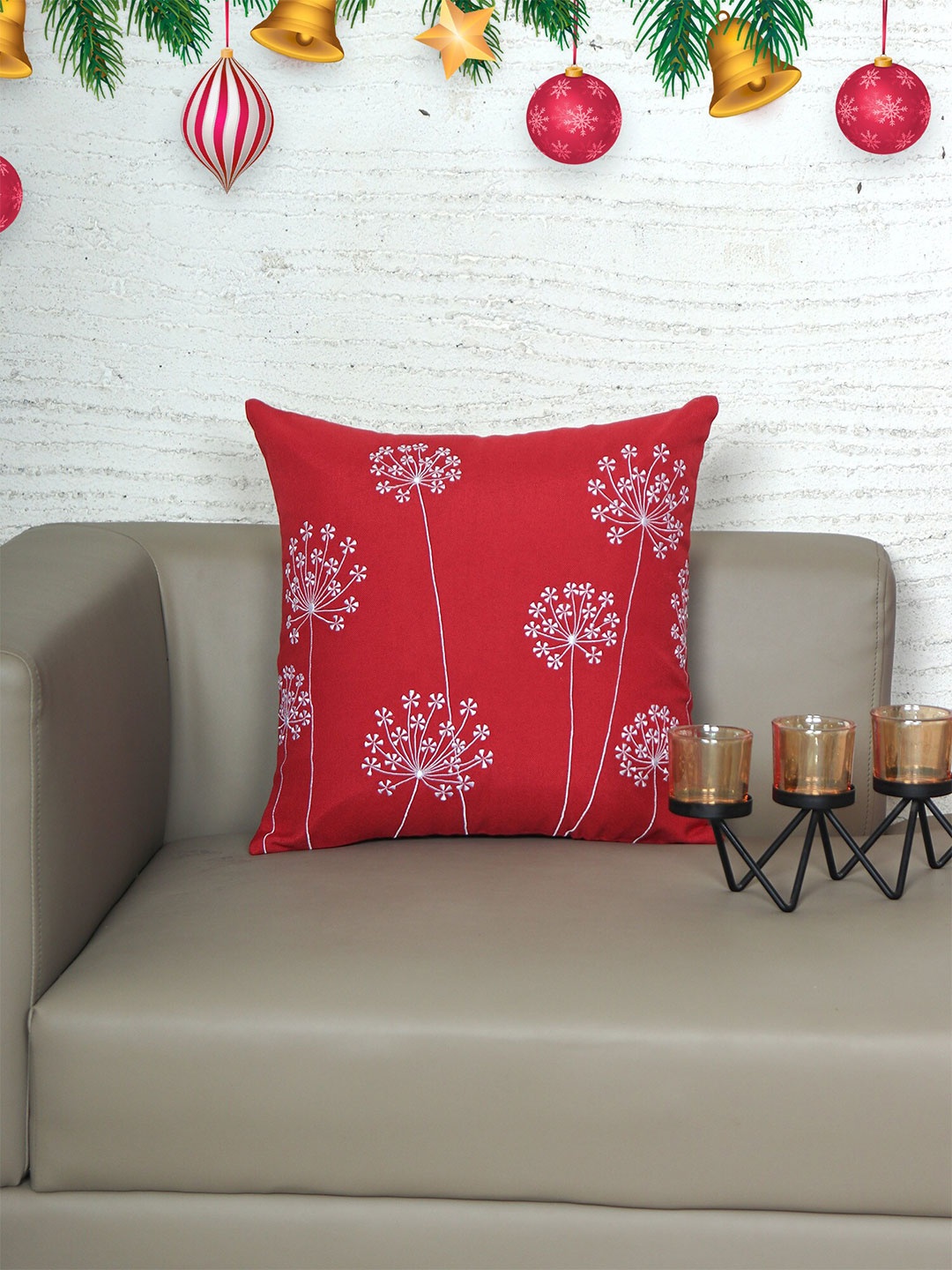 

ZEBA Red & White Floral Printed Square Cushion Covers