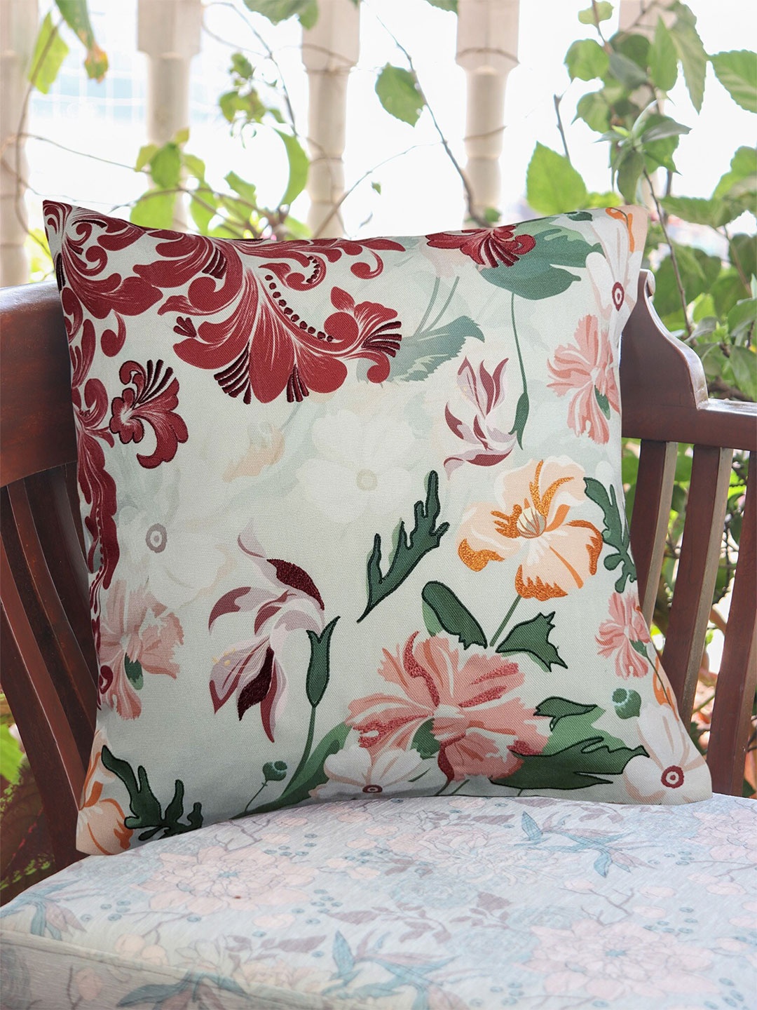 

ZEBA White & Red Floral Printed Square Cushion Covers