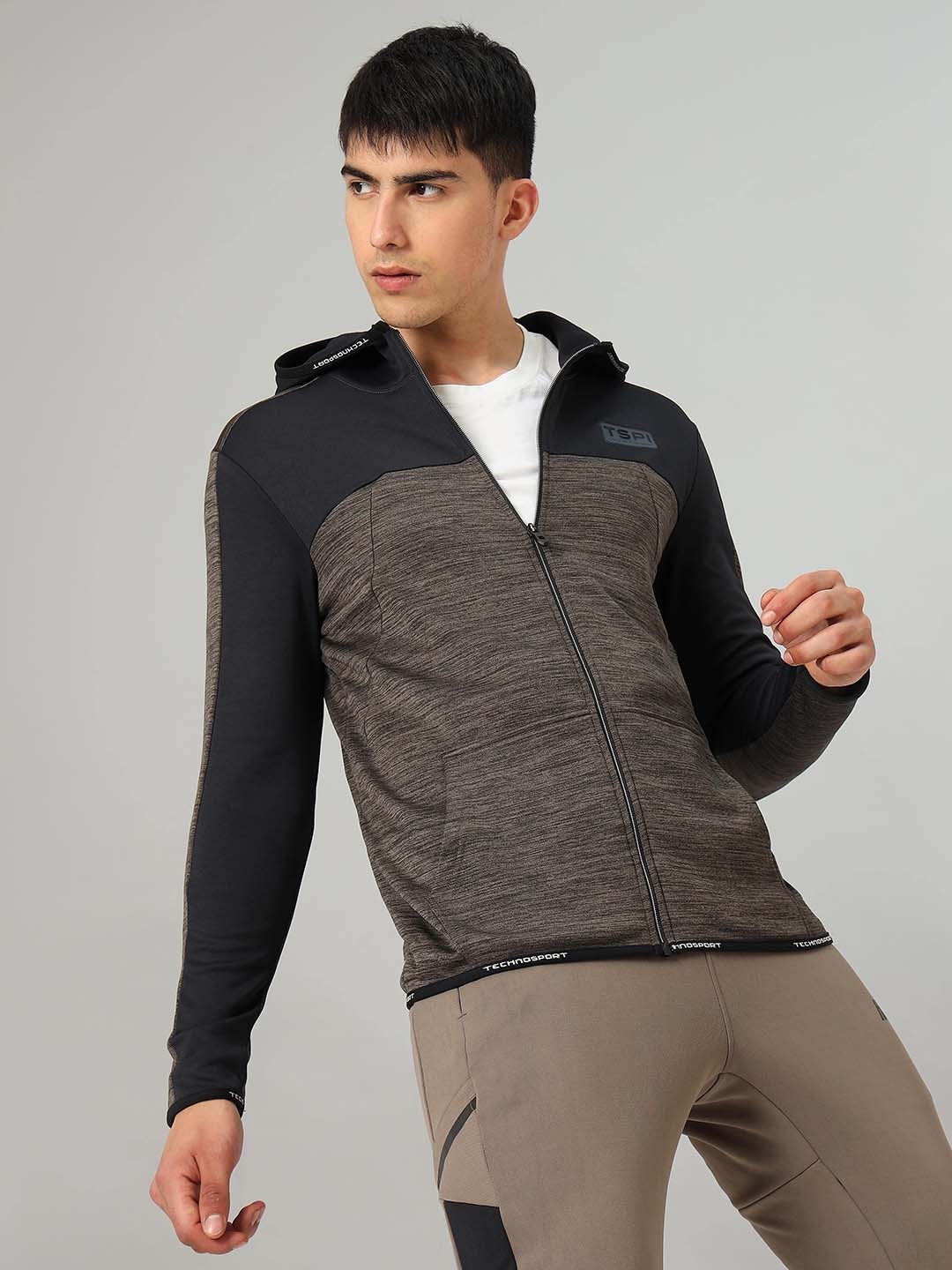 

Technosport Colourblocked Hooded Lightweight Antimicrobial Training or Gym Sporty Jacket, Grey