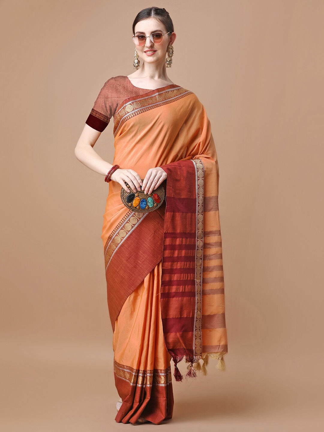 

Mitera Ethnic Motifs Woven Design Silk Cotton Saree, Orange