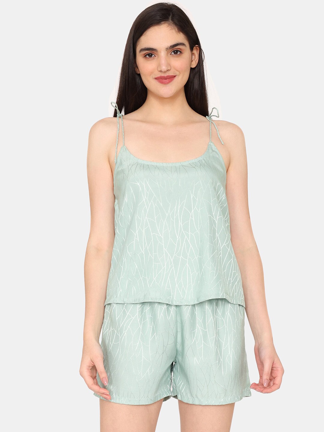 

Zivame Abstract Printed Shoulder Straps Sleeveless Satin Night Suit, Green