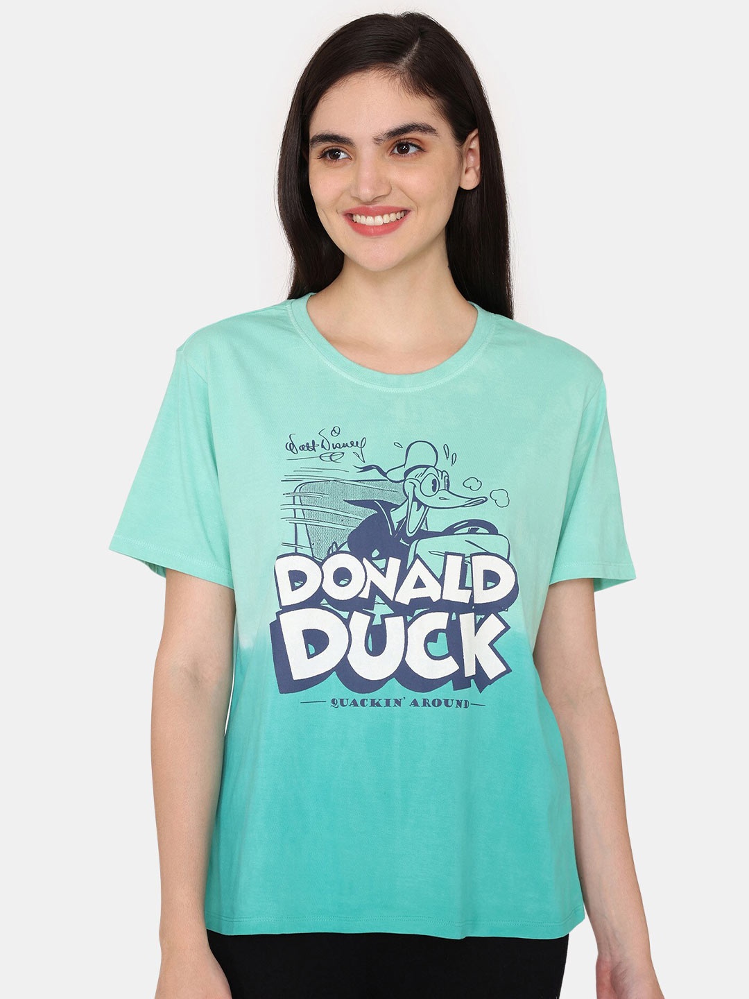 

Zivame Donald Duck Printed Round Neck Pure Cotton Casual T-shirt, Green