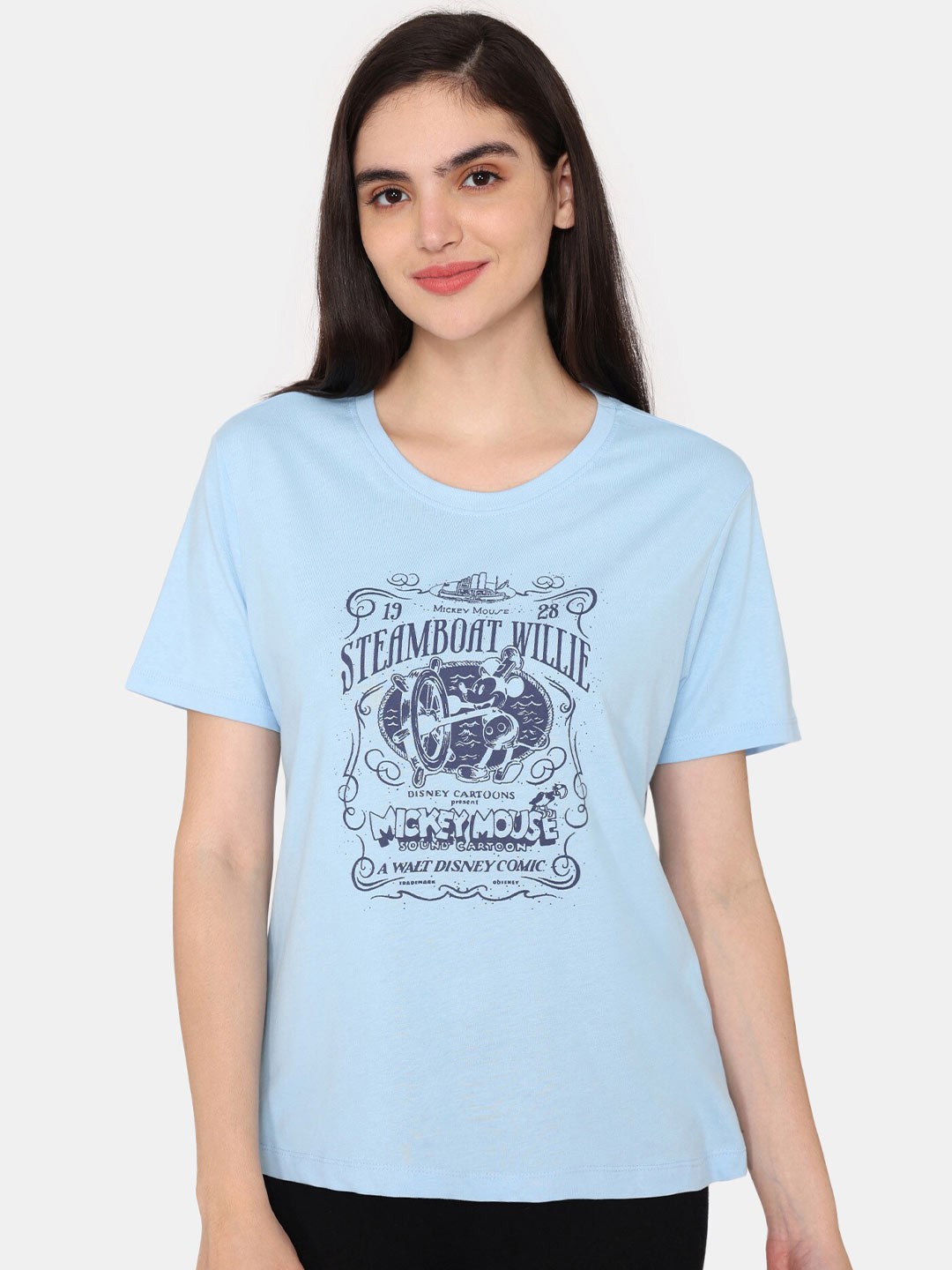 

Zivame Mickey Mouse Printed Round Neck Pure Cotton Casual T-shirt, Blue