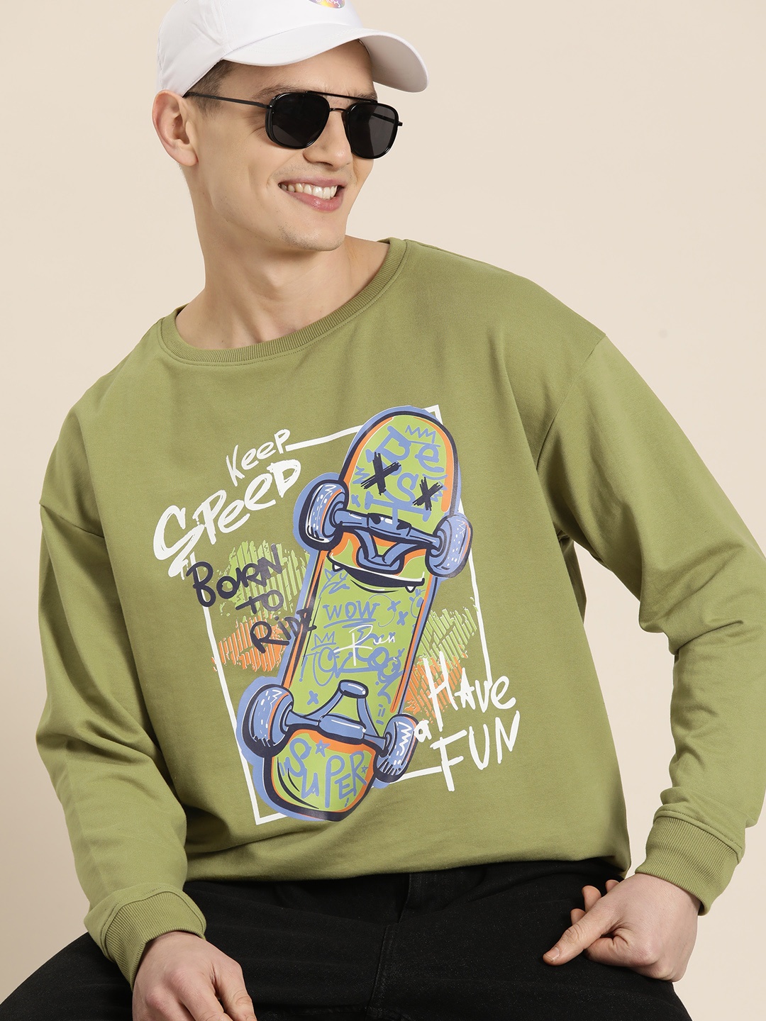 

HERE&NOW Men Graphic Printed Relaxed Fit Sweatshirt, Olive