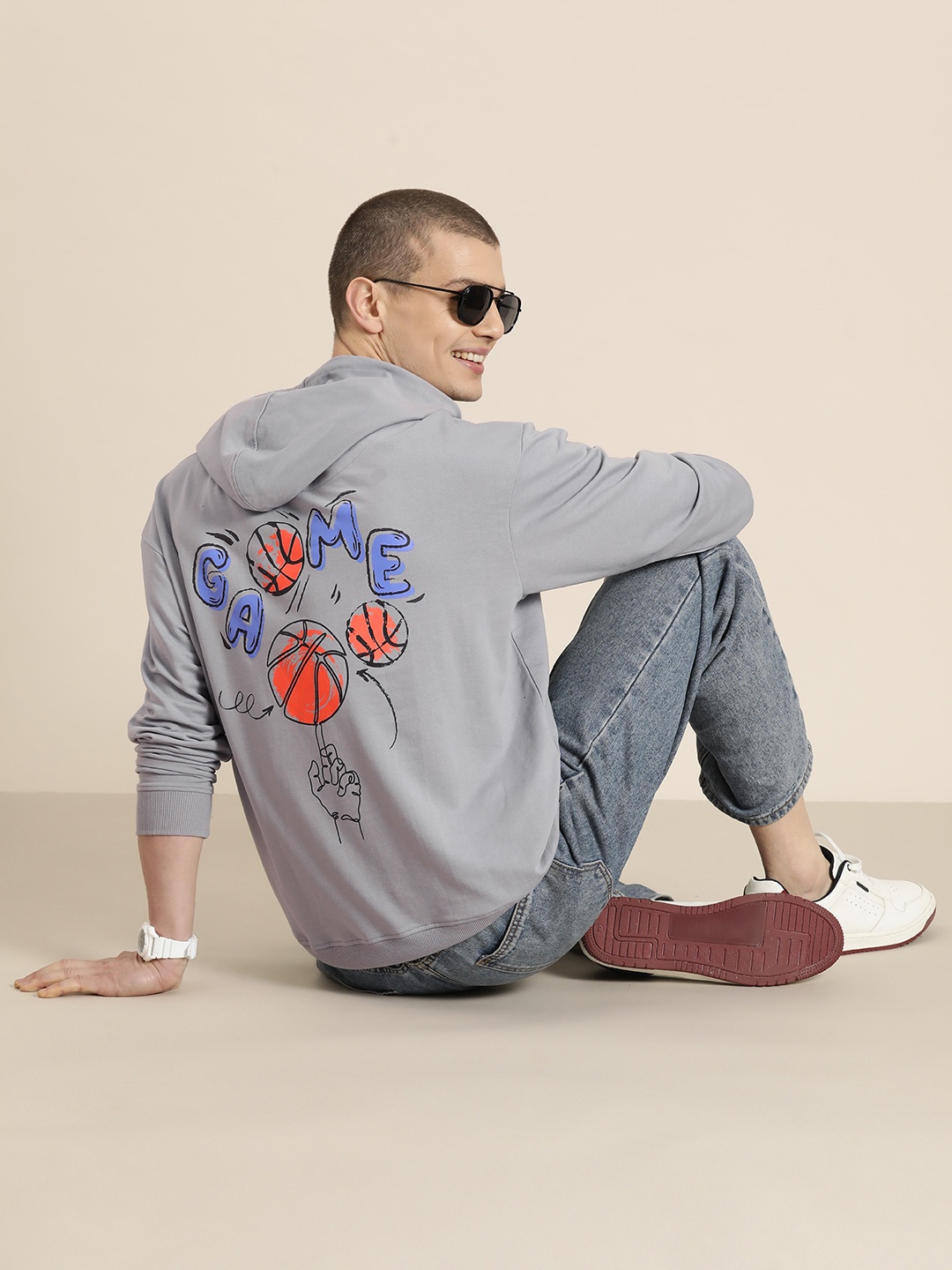 

HERE&NOW Men Graphic Printed Relaxed Fit Hoodie Sweatshirt, Grey