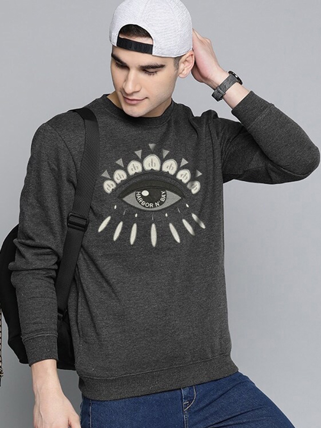 

HARBOR N BAY Embroidered Pullover Fleece Sweatshirt, Charcoal