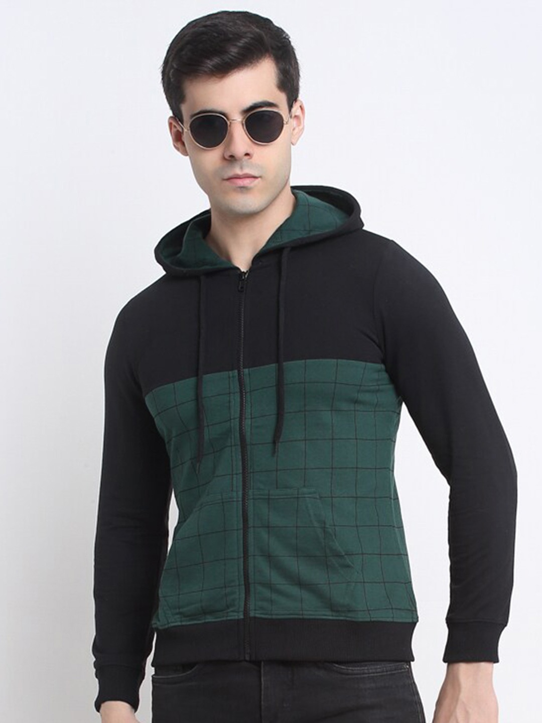 

HARBOR N BAY Checked Hooded Fleece Front-Open Sweatshirt, Black