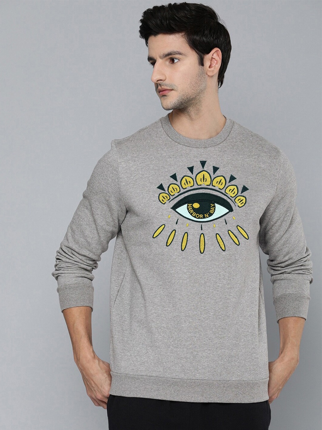 

HARBOR N BAY Brand Logo Embroidered Fleece Pullover Sweatshirt, Grey