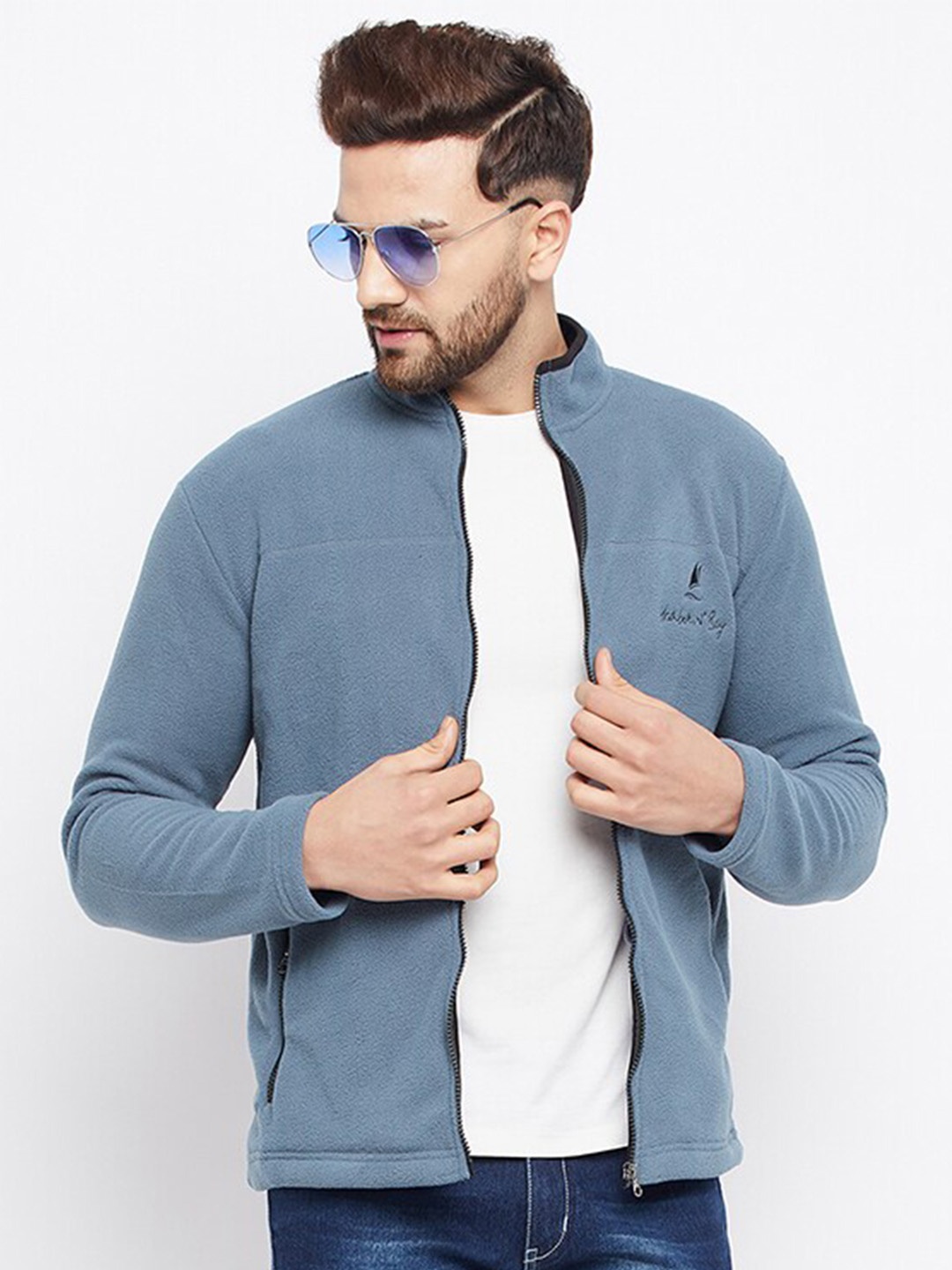 

HARBOR N BAY Mock Collar Fleece Front-Open Sweatshirt, Blue